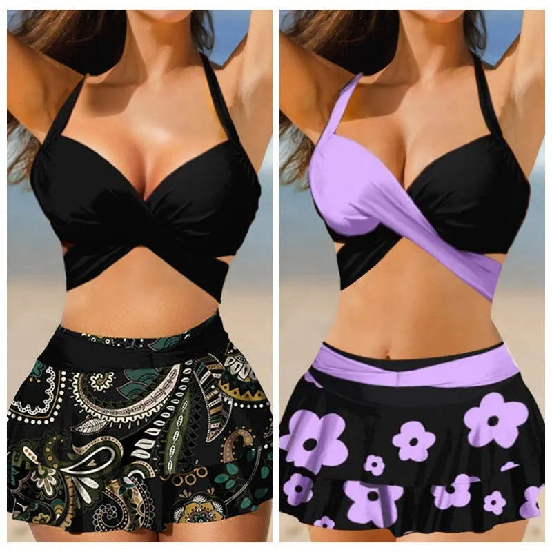 Purple women's lace-up bikini swimsuit set with a matching high-waisted skirt.