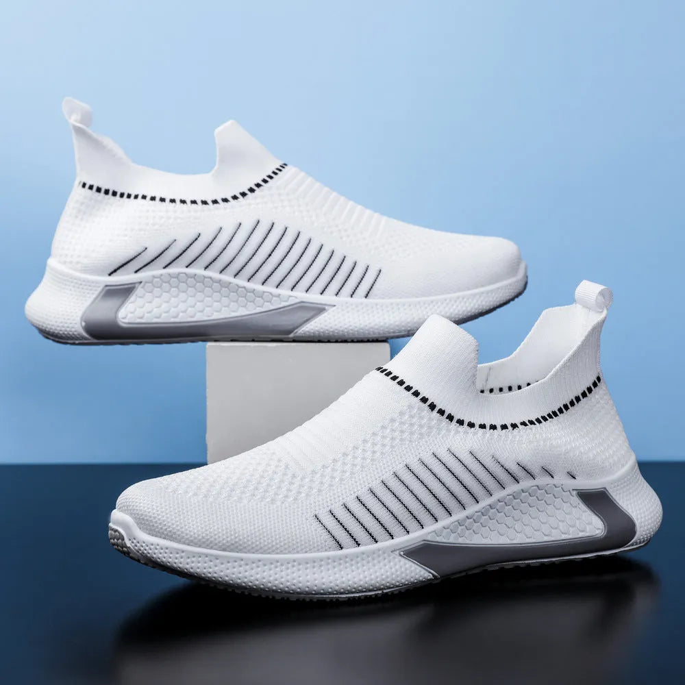 Men's mesh sock shoes with Flyknit upper and striped design in black, black white, and white colour options