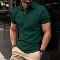 Men's solid colour short sleeve polo shirt with buttoned lapel collar on a hanger.