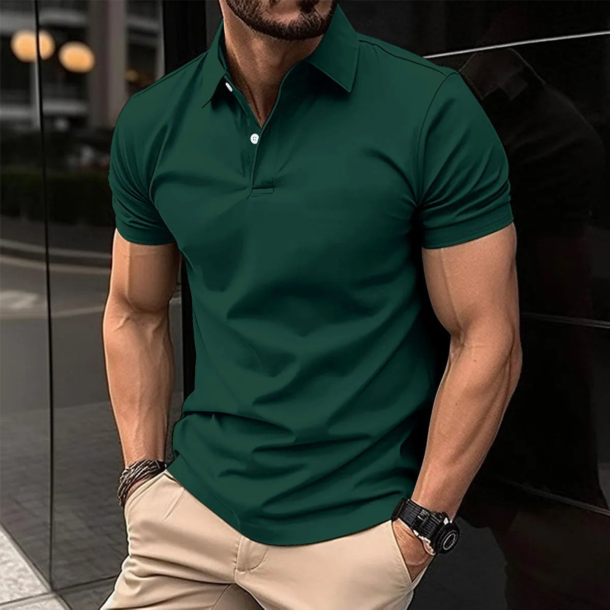 Men's solid colour short sleeve polo shirt with buttoned lapel collar on a hanger.