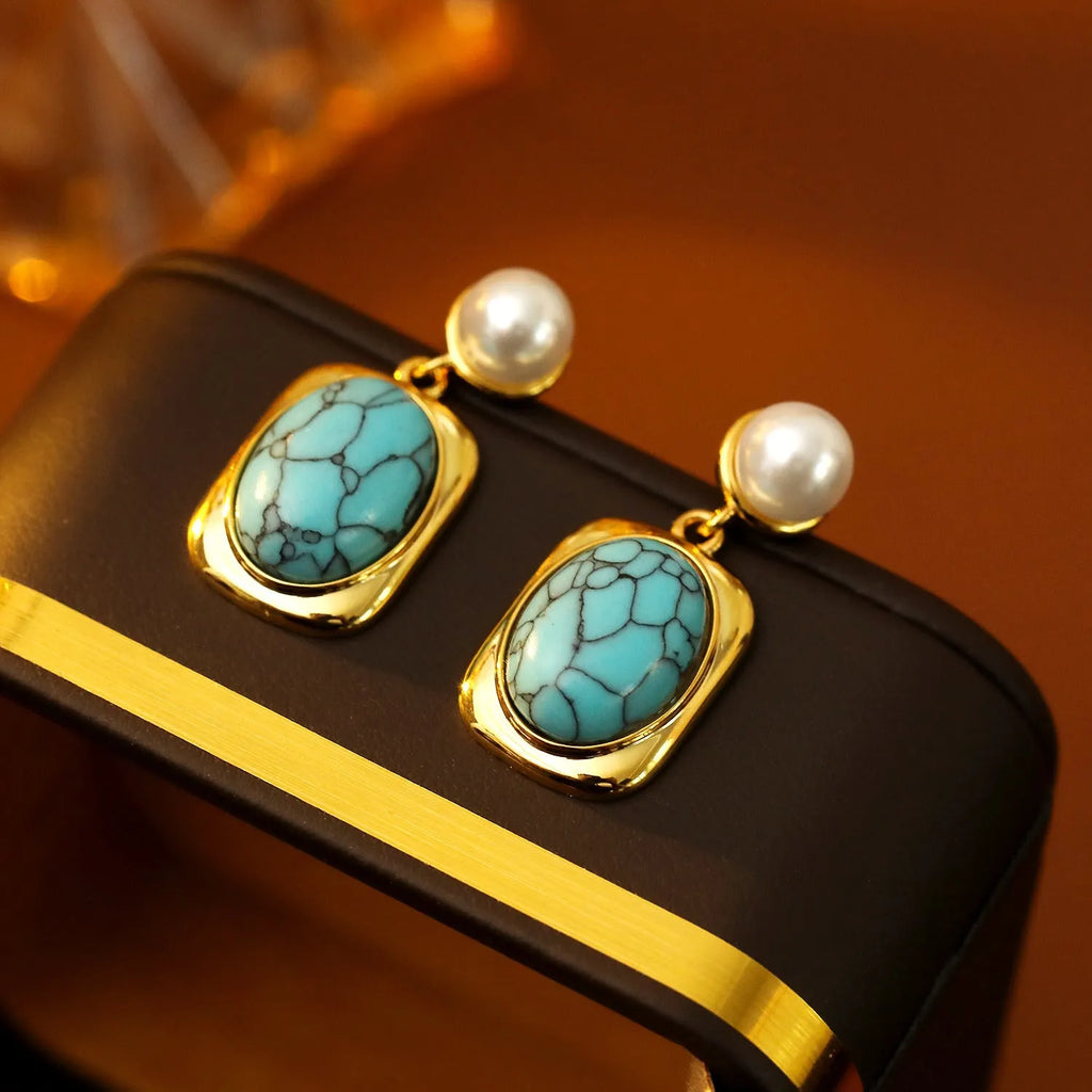 French vintage oval turquoise pearl earrings 18K gold electroplate copper geometric drop with silver needle