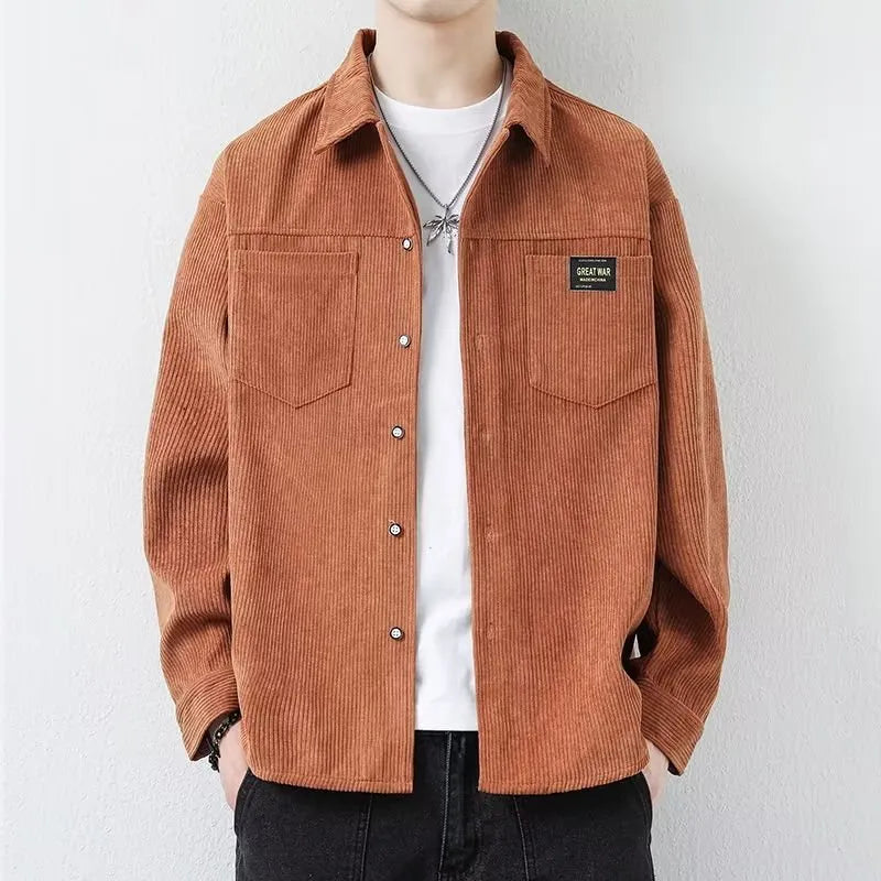 Men's corduroy jacket in khaki, shown as a long-sleeved cardigan shirt