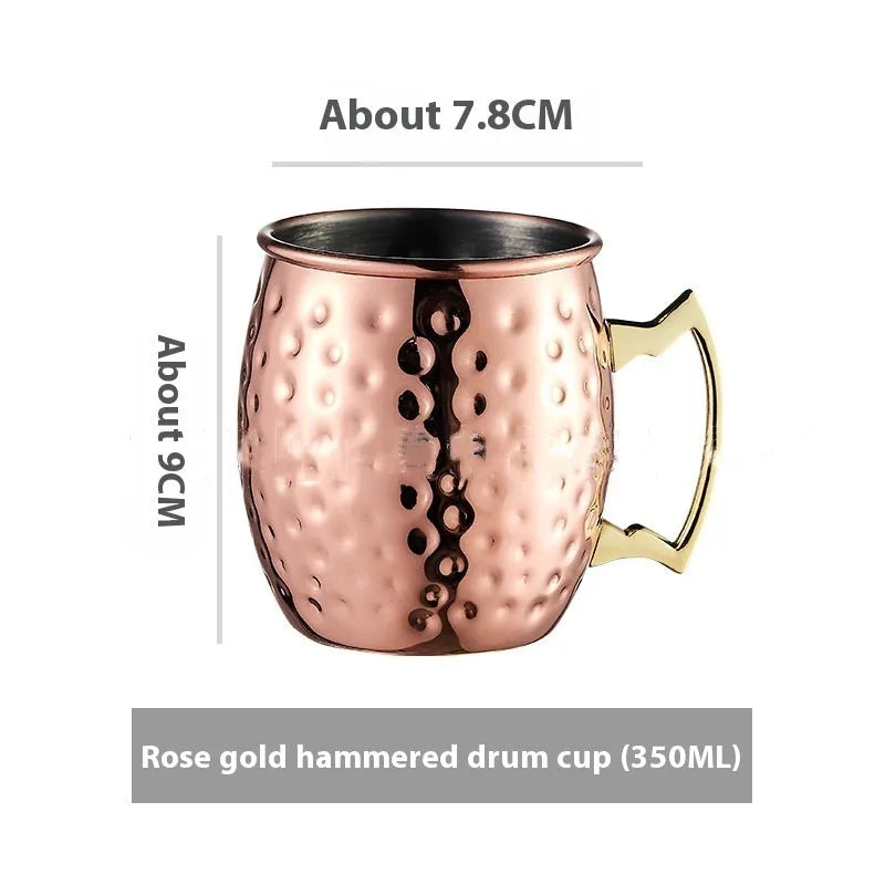 Stainless steel Moscow Mule cup with copper-plated finish in hammered and plain styles.
