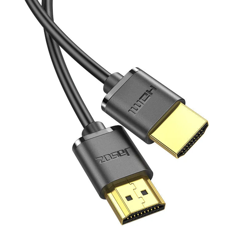 Gold-plated HDMI cable with thin, flexible black wire shown at various lengths.