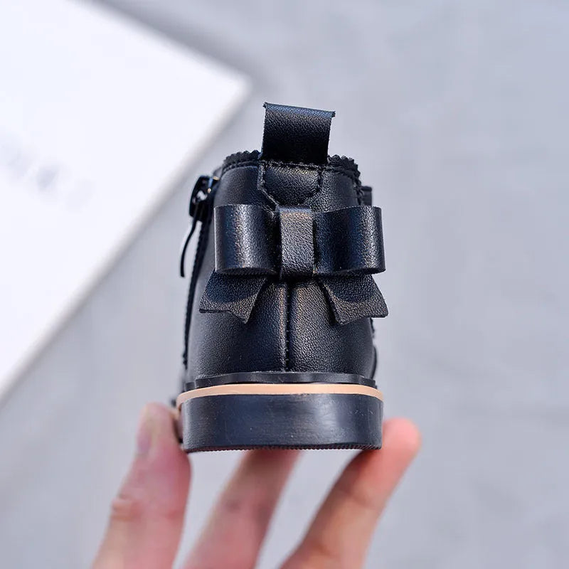 Girls Bowknot Smoke Tube Martin Boots in black with side zipper and bowknot detail
