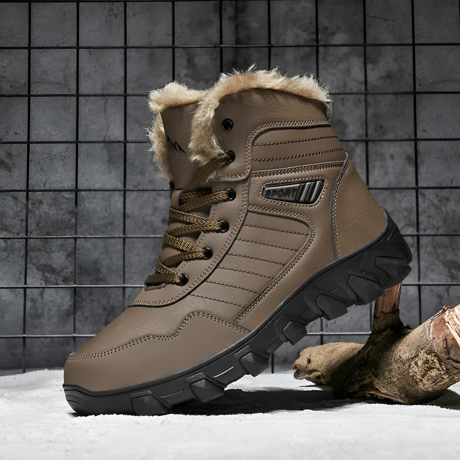 Men's fleece-lined snow boots in black with artificial PU upper and flat heel