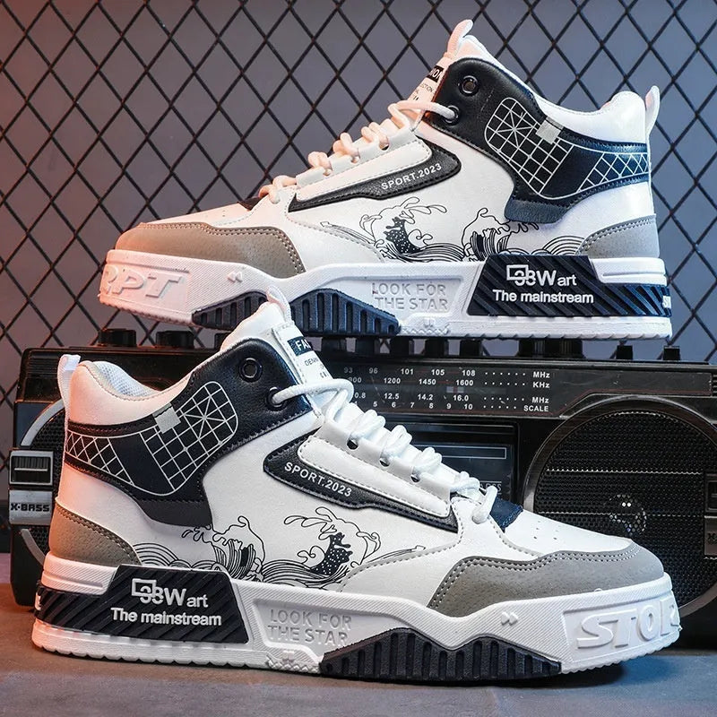 Men's beige, white, and blue high-top casual sneakers with lace-up front and rubber sole.