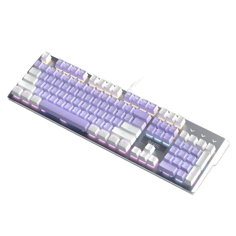 Purple and white mechanical keyboard and wired mouse set with backlit keys on a desk.