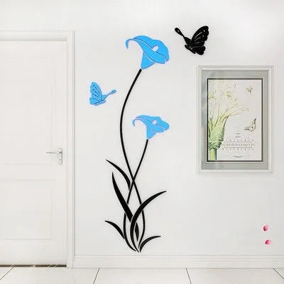 3D acrylic lily wall sticker in silver colour, showing its raised silhouette against a plain wall.