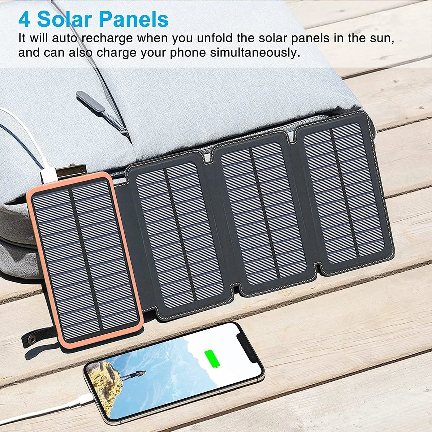 Black solar power bank with leather casing and monocrystalline solar panel showing charging ports and LED light
