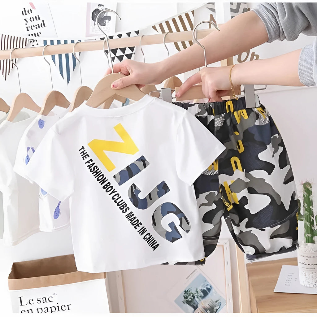 Cotton camouflage children's summer suit in white for boys and girls, sizes 90-140cm