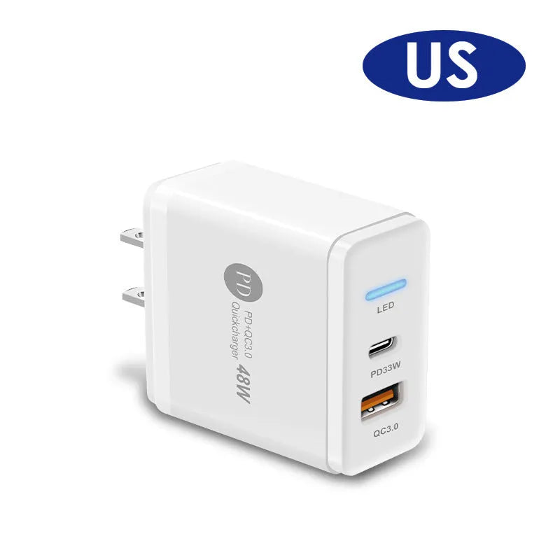 PD48W fast travel charger with UK three-pin plug in black or white colour, showing type-C USB port