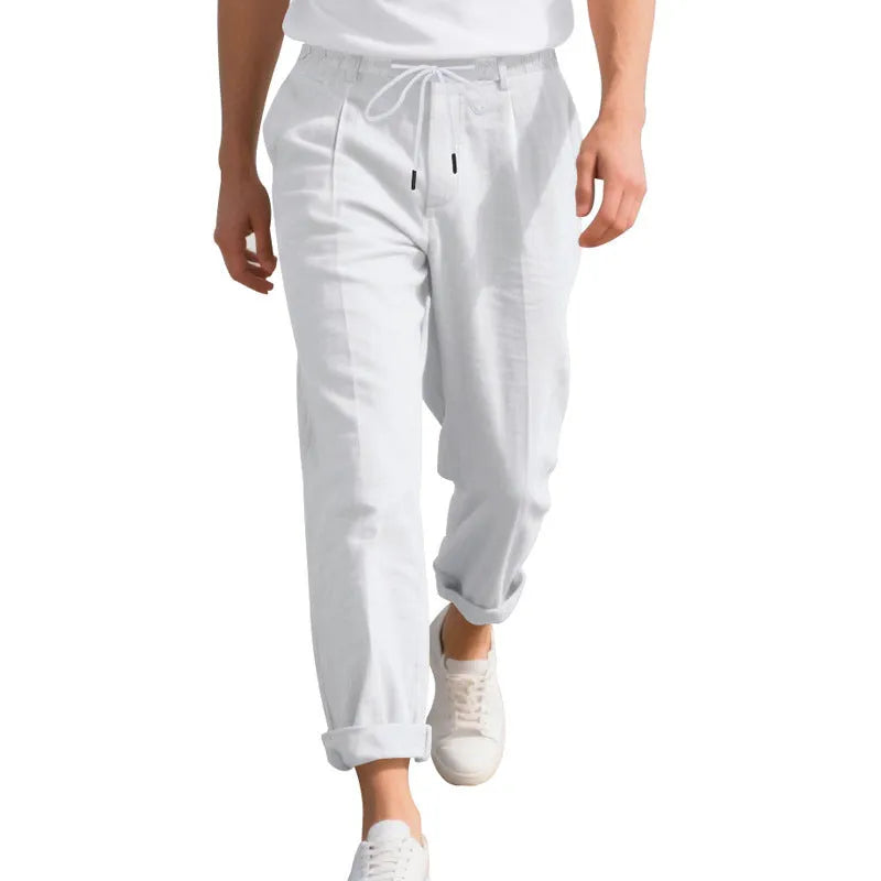 Men's linen casual trousers in loose straight fit with drawstring waist in various colours