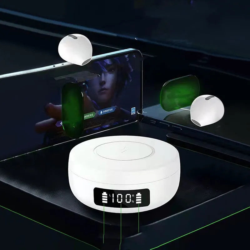 Small black semi-in-ear wireless headphones with their wireless charging case on a table.