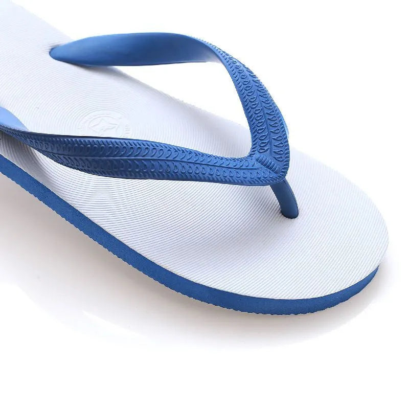 Men's rubber flip-flops in black with a fish logo, showing non-slip sole tread.