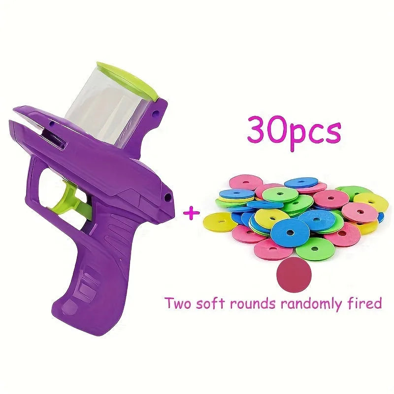Battery-free motorised interactive cat toy launcher with soft foam discs in purple and green colour options.