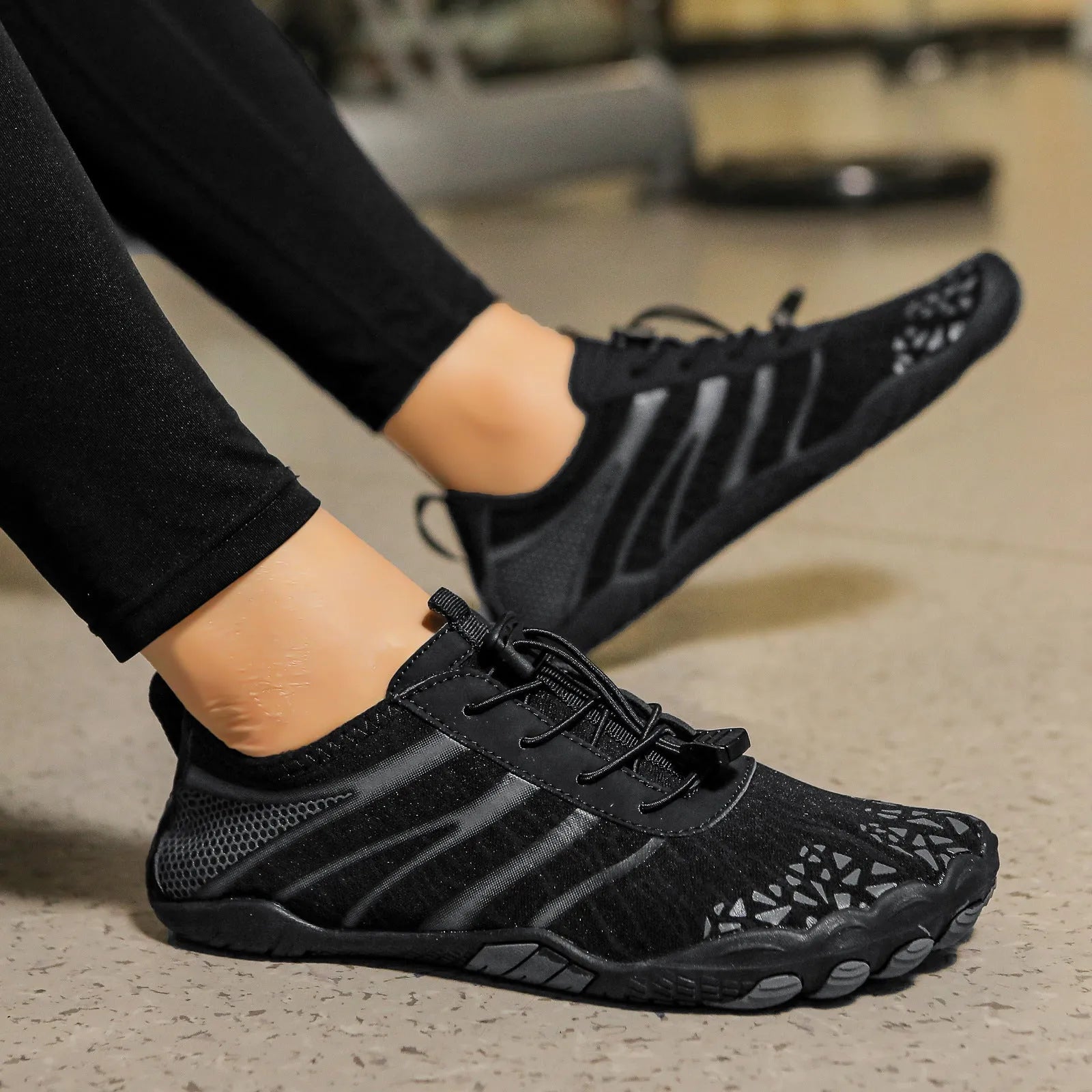 Casual running shoes with Lycra stretch fabric upper for beach and upstream sports, shown in neutral colours.