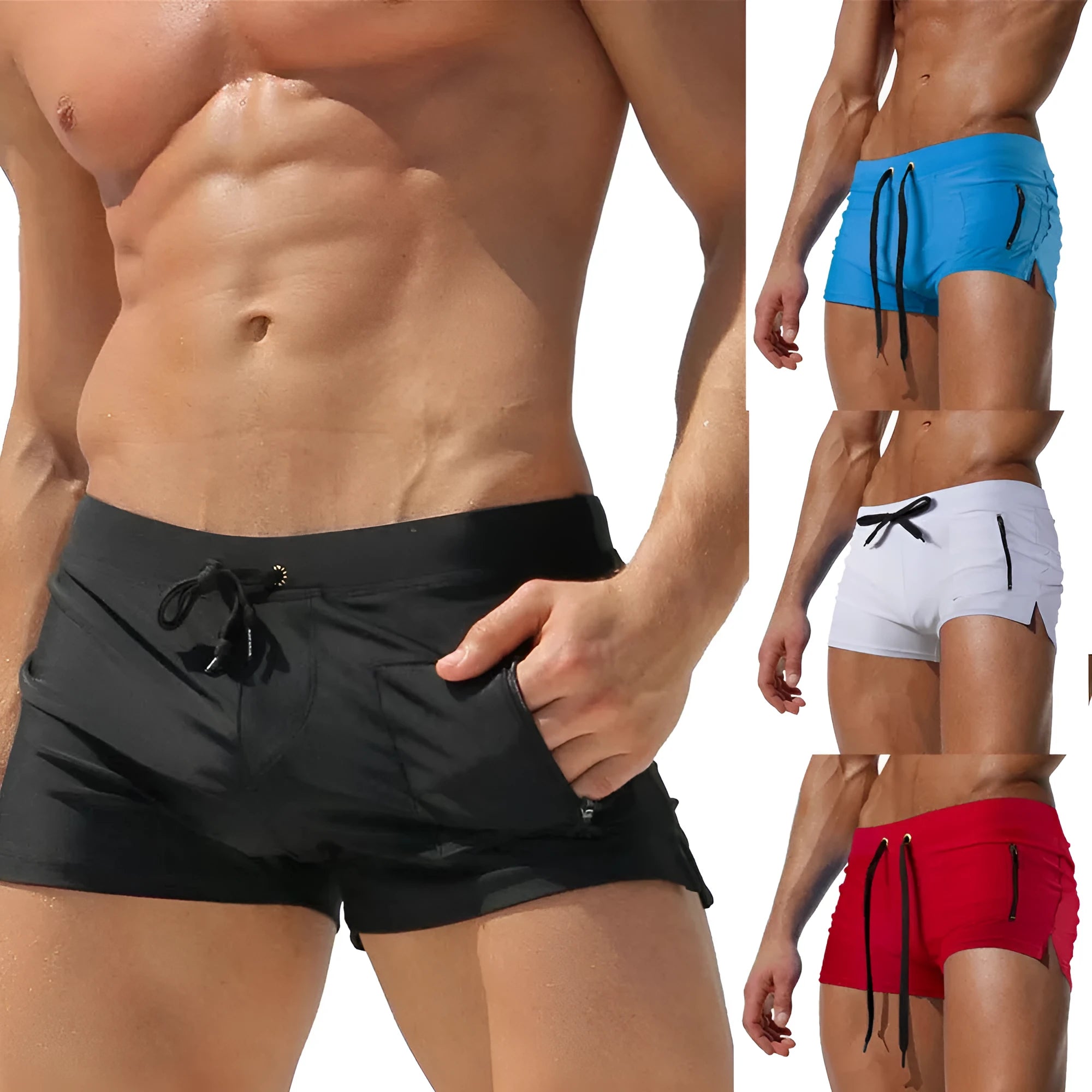 Men's black high waist swimming trunks with lace-up front in brief style