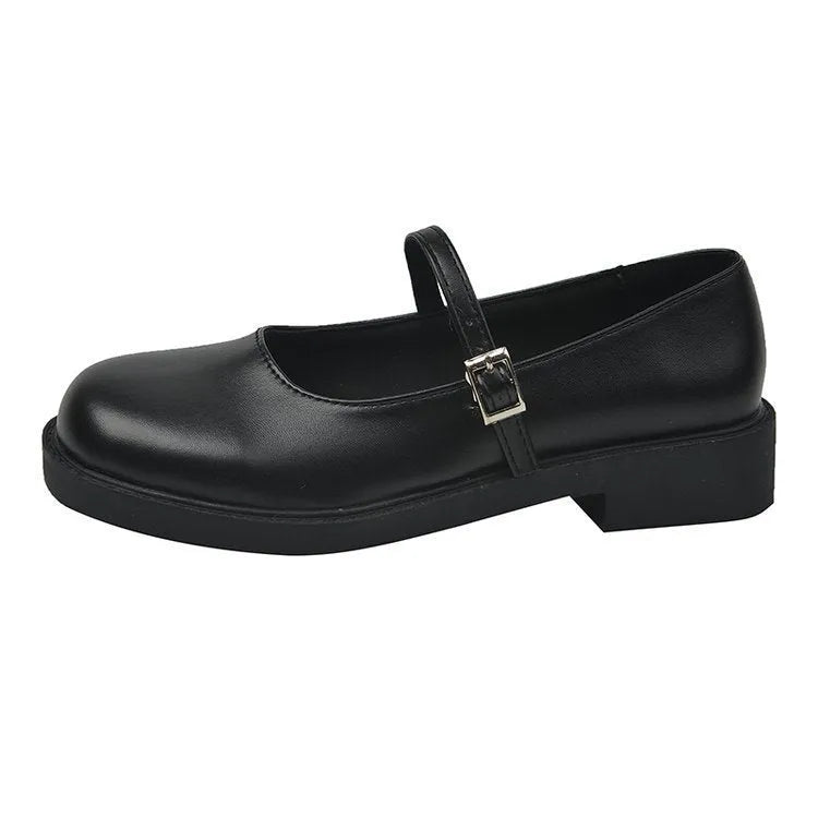 Solid colour women's French vintage leather shoes with flat heel and round toe in red, matte black, or greyish black.