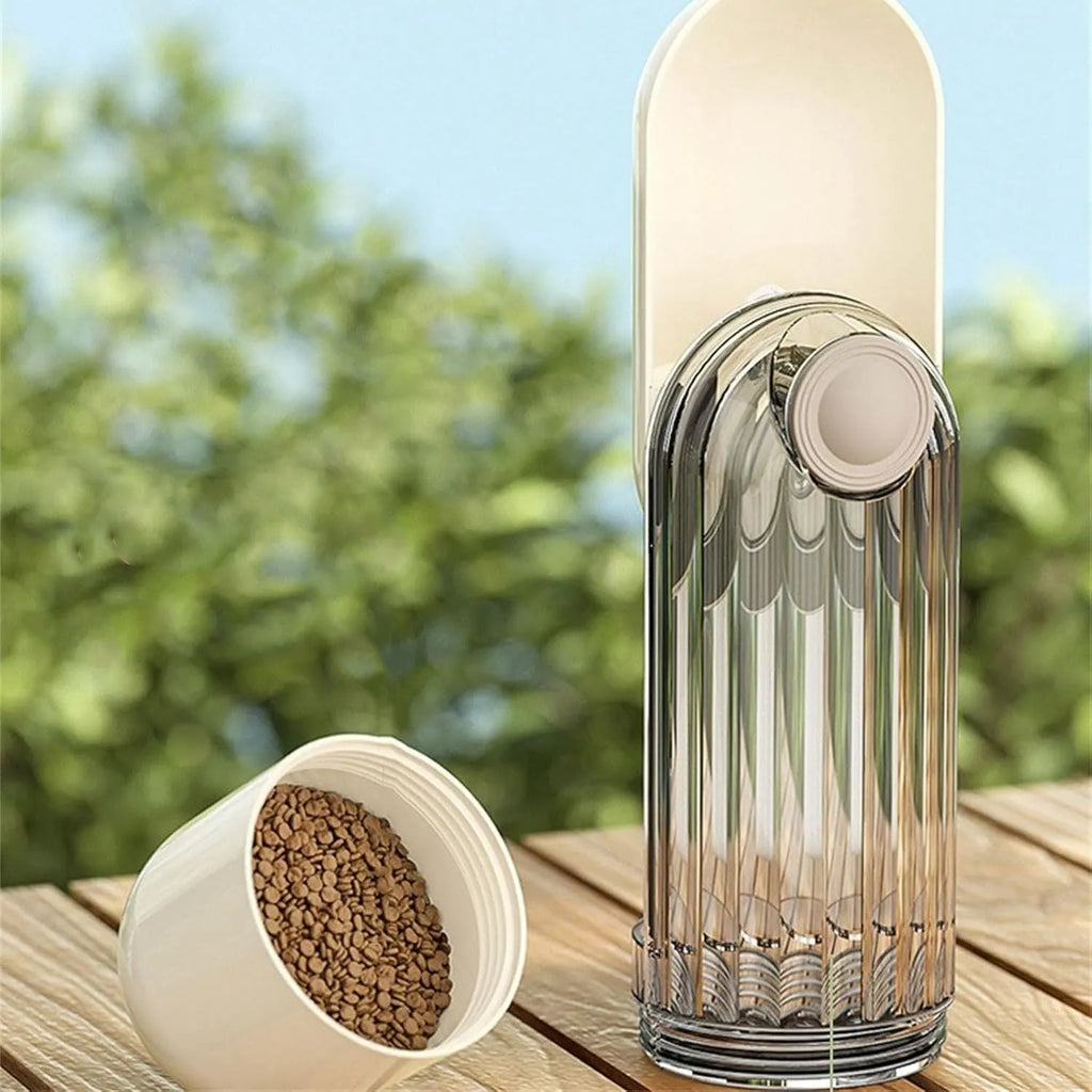 Foldable dog water bottle with food container in beige or green colour, showing drinking tray and dispenser mechanism