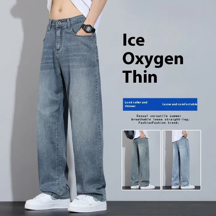 Straight leg casual trousers in denim ice silk fabric with wide leg cut