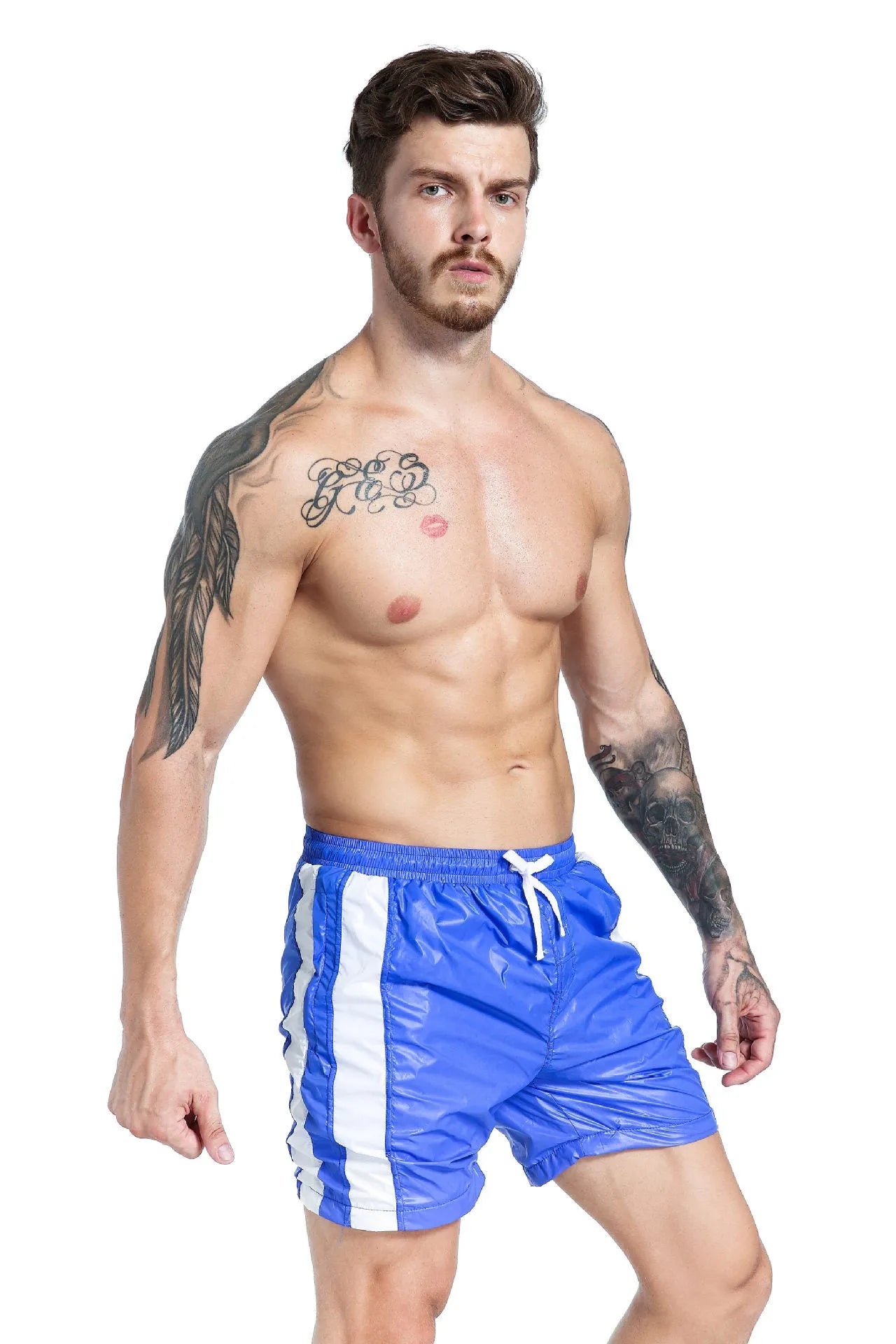 Men's blue lace-up sports shorts with padding for running and table tennis