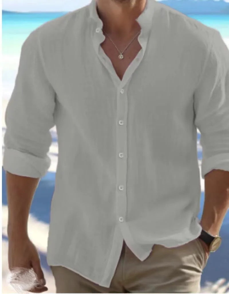 Men's casual long-staple cotton button-up summer shirt on a hanger.