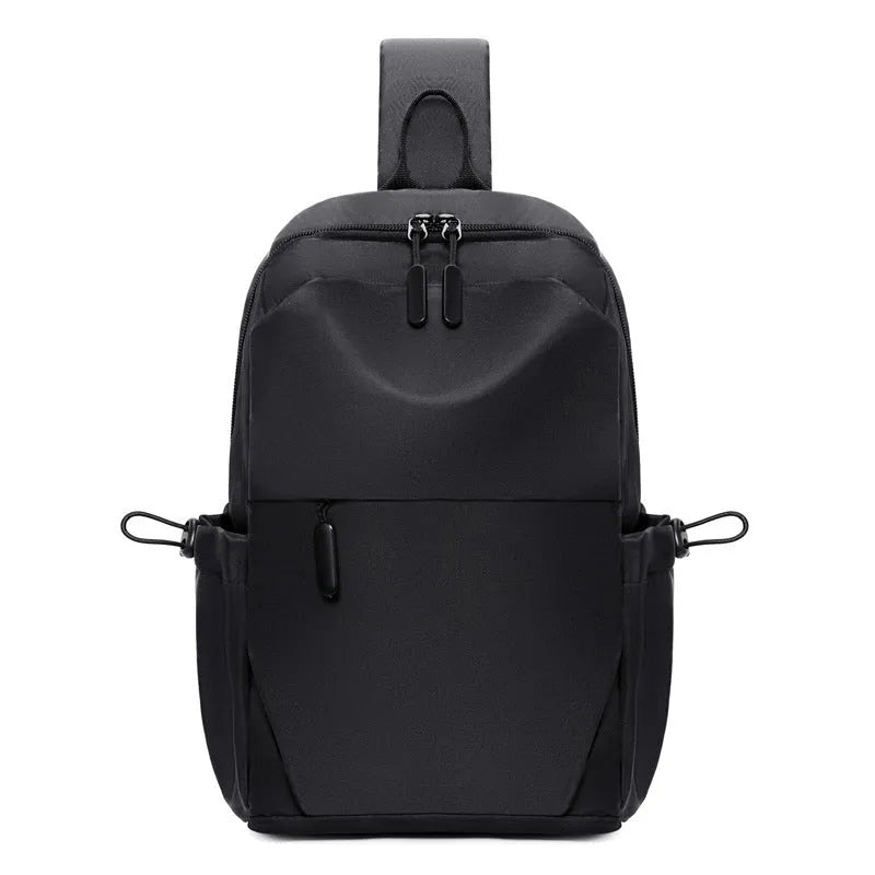Men's grey waterproof chest bag showing front view with shoulder strap and large main compartment.