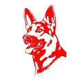 Reflective Alsatian German Shepherd dog bumper sticker on a car, showing colour options.