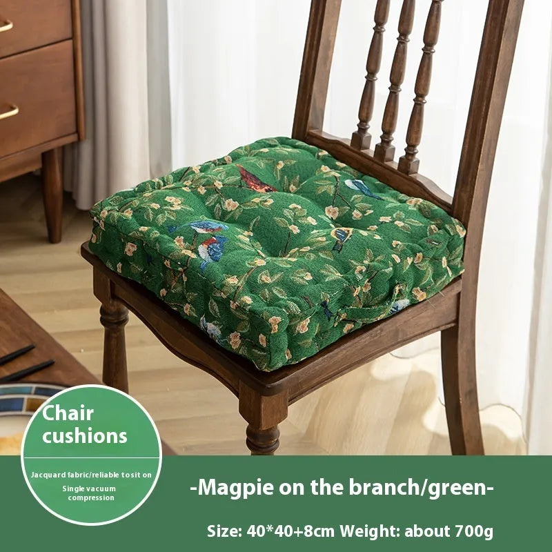 Square floral dining chair cushion for back and waist support, showing 40x40x8cm dimensions.