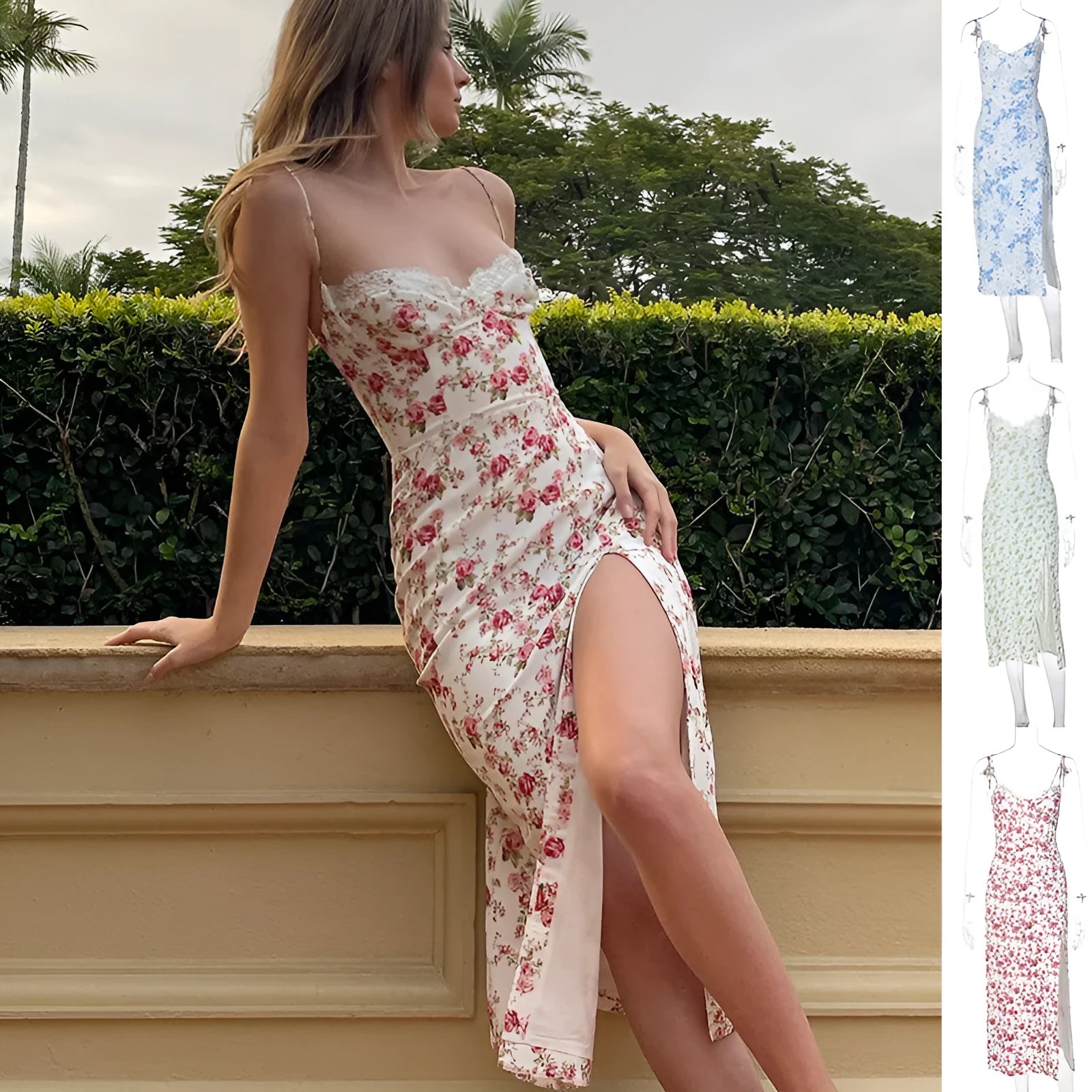 Women's blue lace flower print long dress with black suspender straps and a thigh-high side slit.