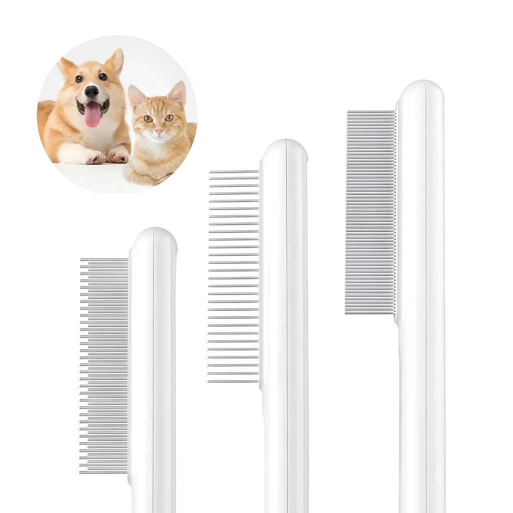 Cat comb with rounded stainless steel teeth and ergonomic handle on white background