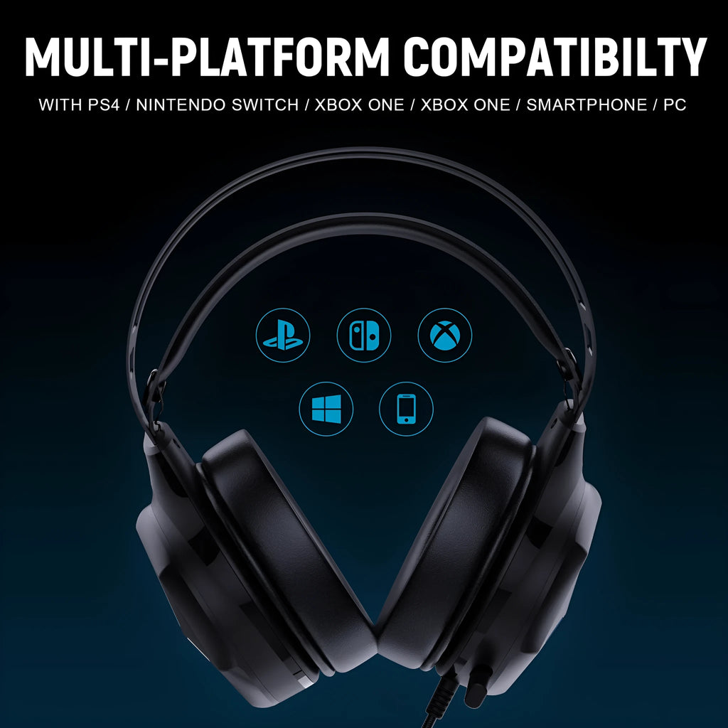 Multi In One Game Wired Headphones with 50mm drivers and protein PU leather earmuffs on a black background