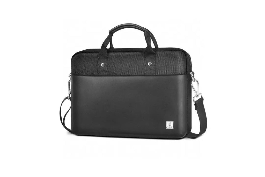 Black waterproof Oxford cloth laptop bag showing multi-pocket organisation and lock feature