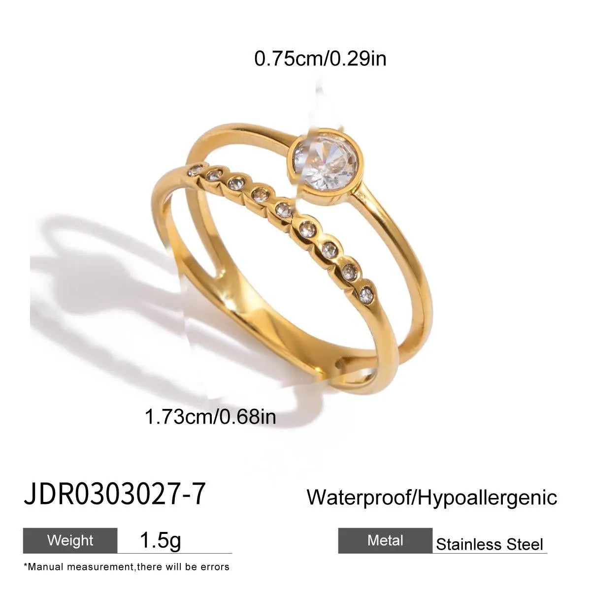 Geometric zircon ring with no-fade titanium steel finish in silver tone.
