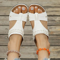 Casual Roman style slope heel slippers with a fish mouth toe holder, shown in available colours.