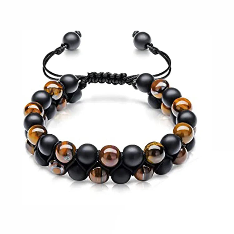 Men's double-layer woven tiger eye stone bracelet with bright magnetic clasp, blue yellow colourway