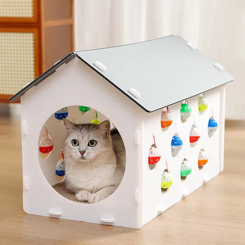 Plastic cat scratch board integrated with nest and bell ball tunnel pet accessory