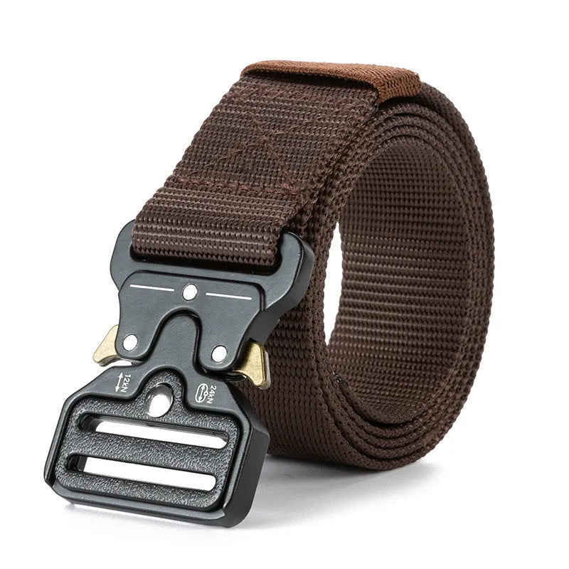 Men's canvas tactical belt with alloy release buckle showing weaving flowers texture treatment