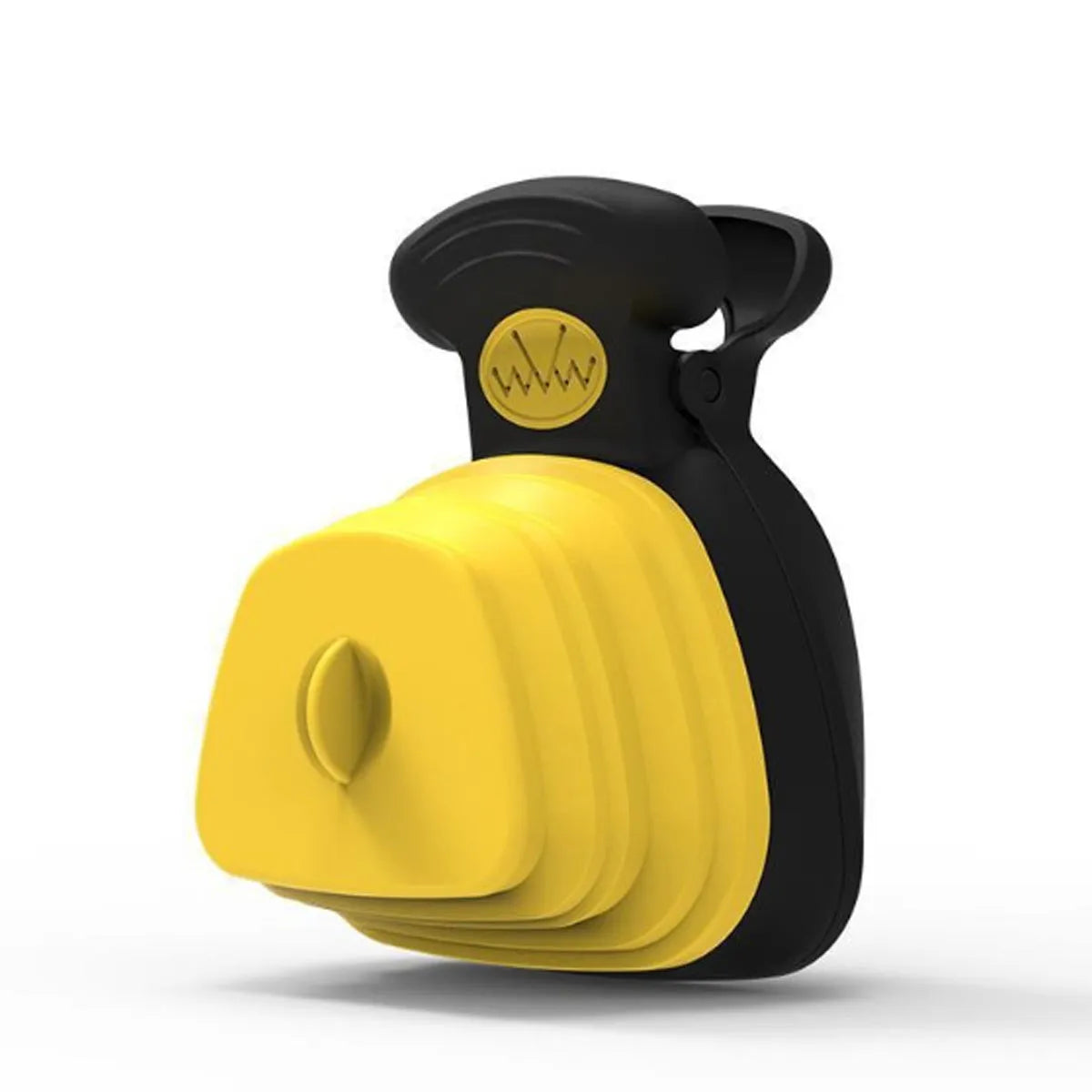 Blue portable dog pooper scooper with clip and expandable waste container next to a dog leash.