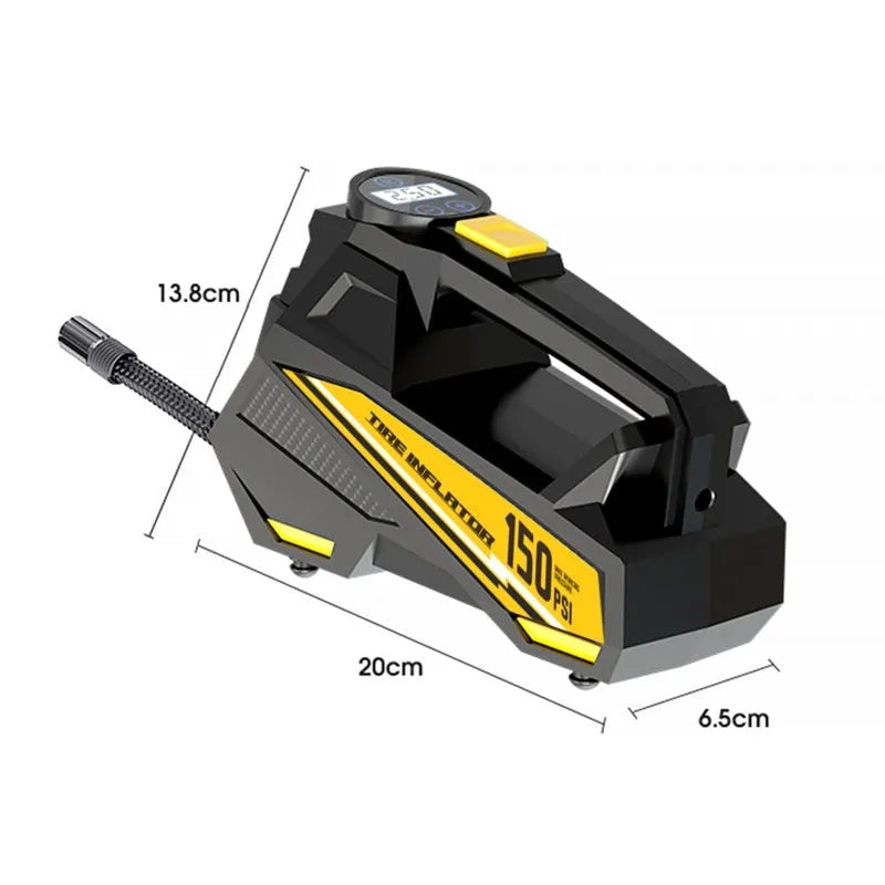 Black portable tyre inflator with digital display and LED light for vehicle use