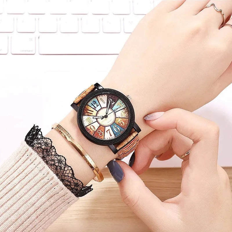 Casual women's watch with leather strap, 37mm round dial and stainless steel buckle