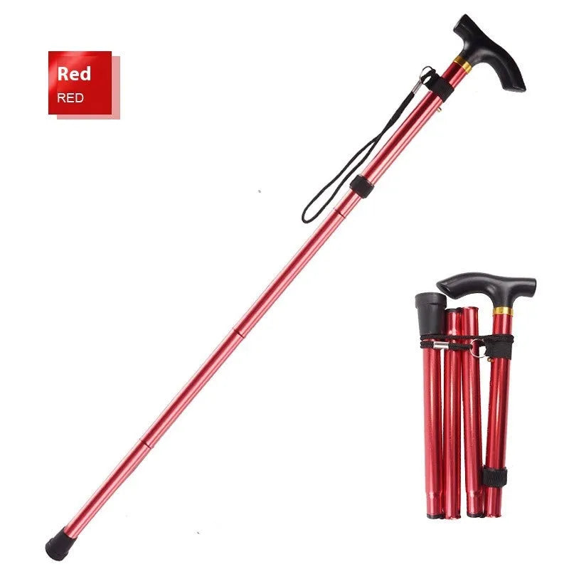 Aluminium folding walking stick extended to show adjustable height and rubber tip