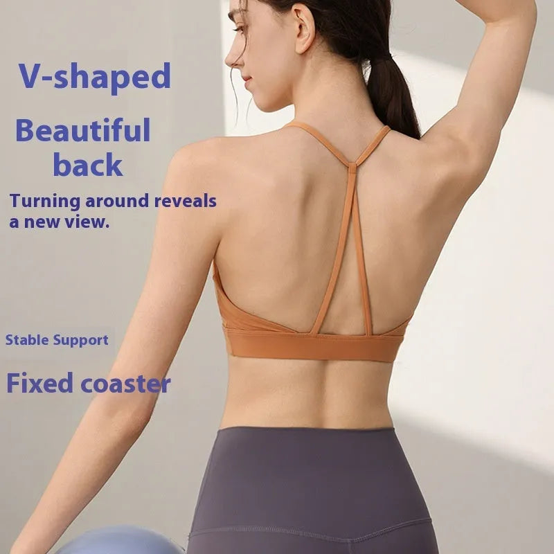 Women's black shockproof sports vest with fixed double-shoulder straps for running and workouts