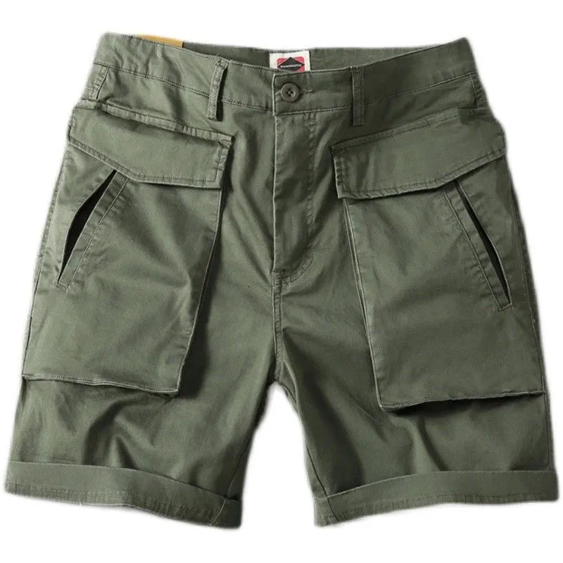Men's straight-leg cotton cargo shorts with stretch in army green, shown with multiple pockets.