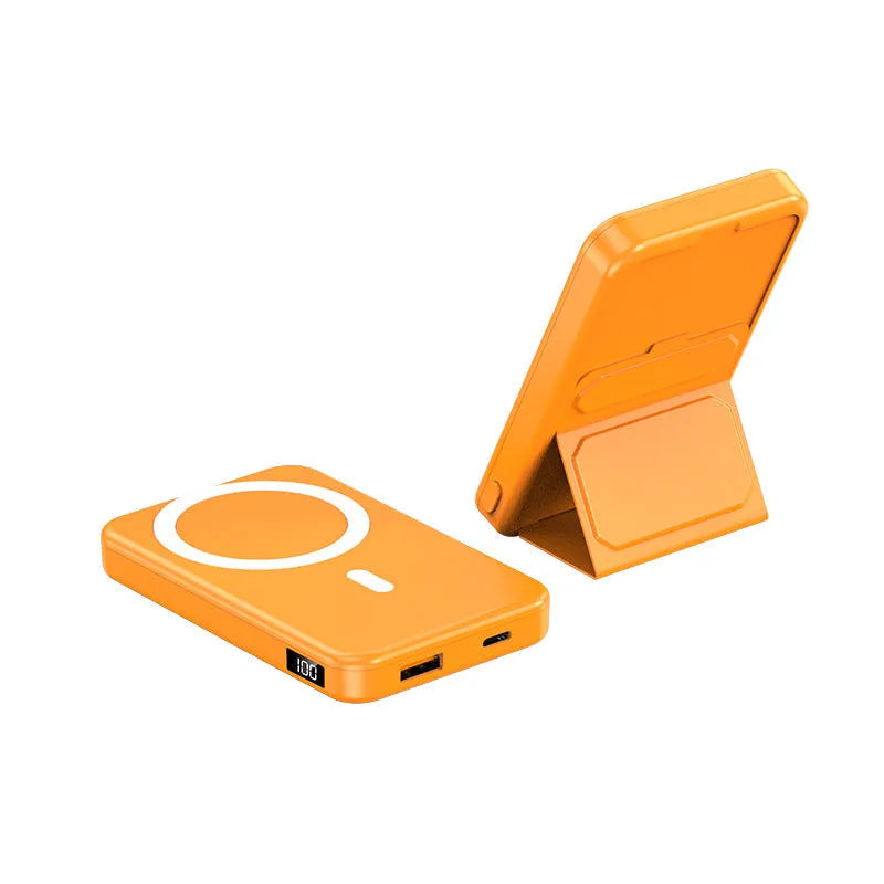 Magnetic wireless charging power bank with folding stand in pearl white colour.