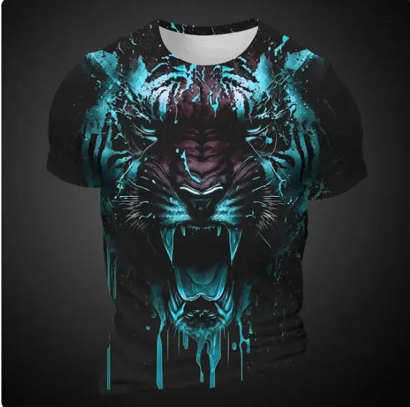 Men's short sleeve t-shirt featuring a 3D tiger pattern printed on bird eye cloth polyester fabric