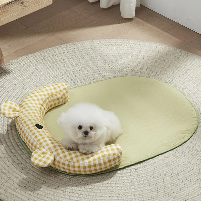 Green and yellow four-season dog and cat bed mattress ice pad shown in four different sizes.