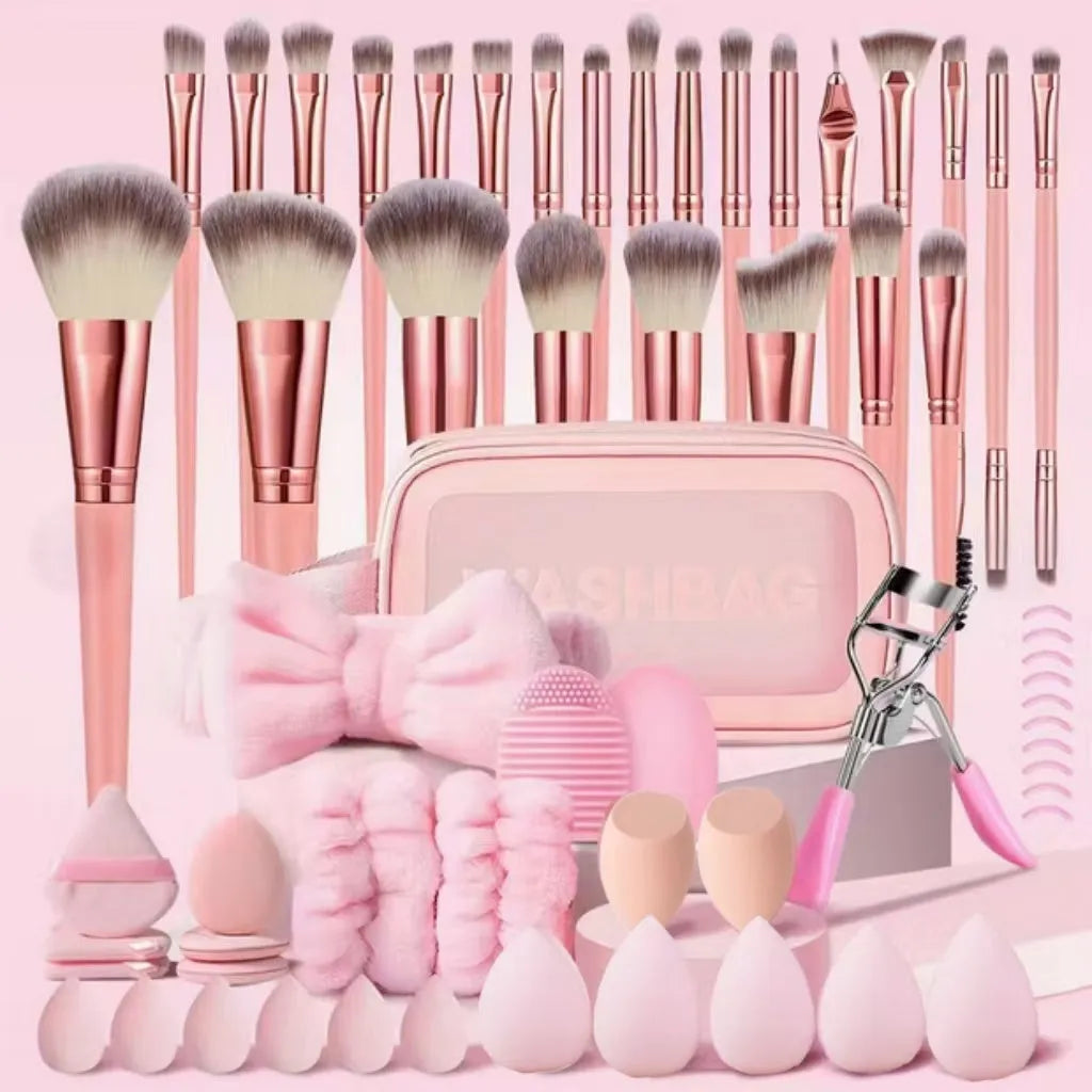 Black makeup brush set with 33 pieces including brush bag on a surface