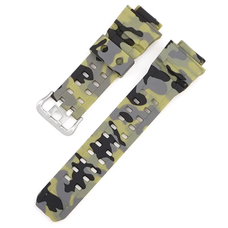 Camouflage pattern TPU watch strap with silver buckle closure shown in multiple colour options